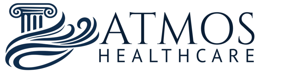 Atmos Healthcare Atmos Healthcare logo with a stylized pillar and wave design to the left of the company name in dark blue text on a light background.