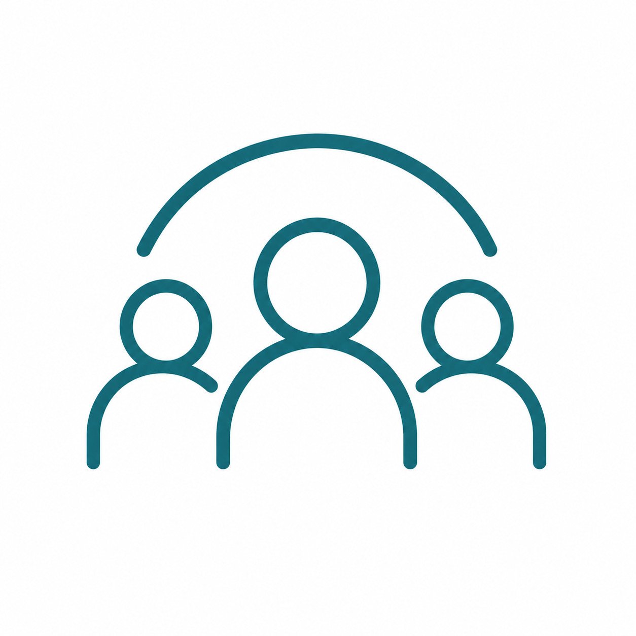 Atmos Healthcare Three simple human figures with a curved line arching over them, symbolizing a group or community concept on a white background.