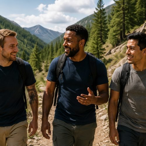 Atmos Healthcare Three men with backpacks walk on a dirt trail through a forested mountain landscape, talking and smiling on a sunny day.