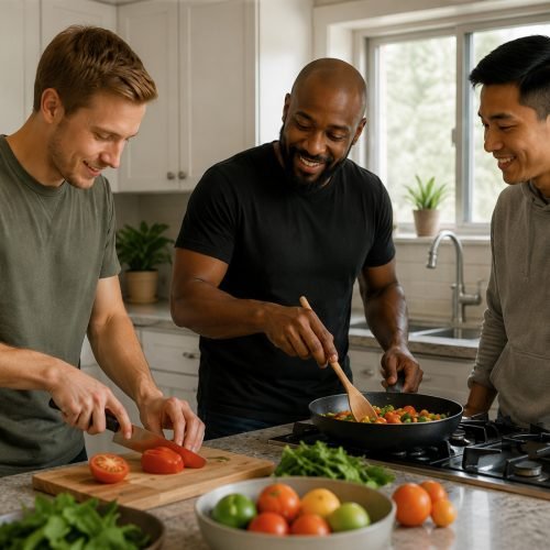 Atmos Healthcare Three men prepare a meal together in a bright kitchen; one chops tomatoes, another cooks vegetables in a pan, and the third looks on, smiling.