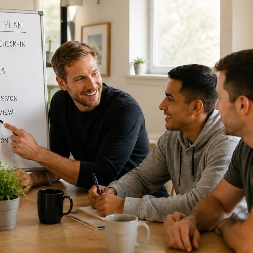 Atmos Healthcare Three men sit at a table while one points to a whiteboard listing a daily schedule, including tasks like chores, group session, and goal review.